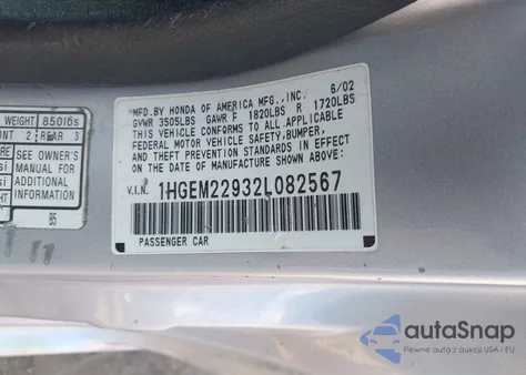 2002 Honda Civic Ex из США, поврежденный, VIN 1HGEM22932L082567